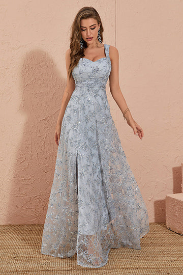 Sliver Grey A Line Floral Embroidery Long Prom Dress med Slit